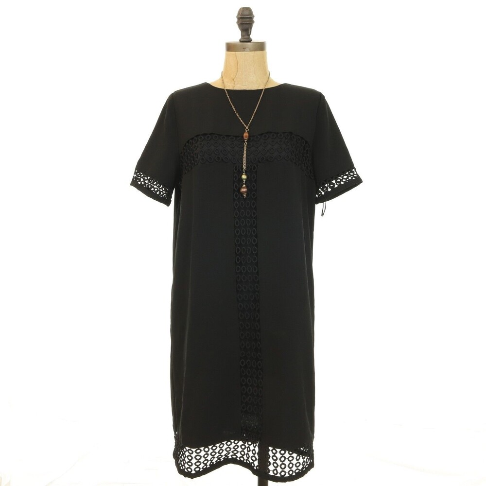 Felicity & Coco Nordstrom Shift Dress S Short Sleeve Lace Trim Black NEW B1